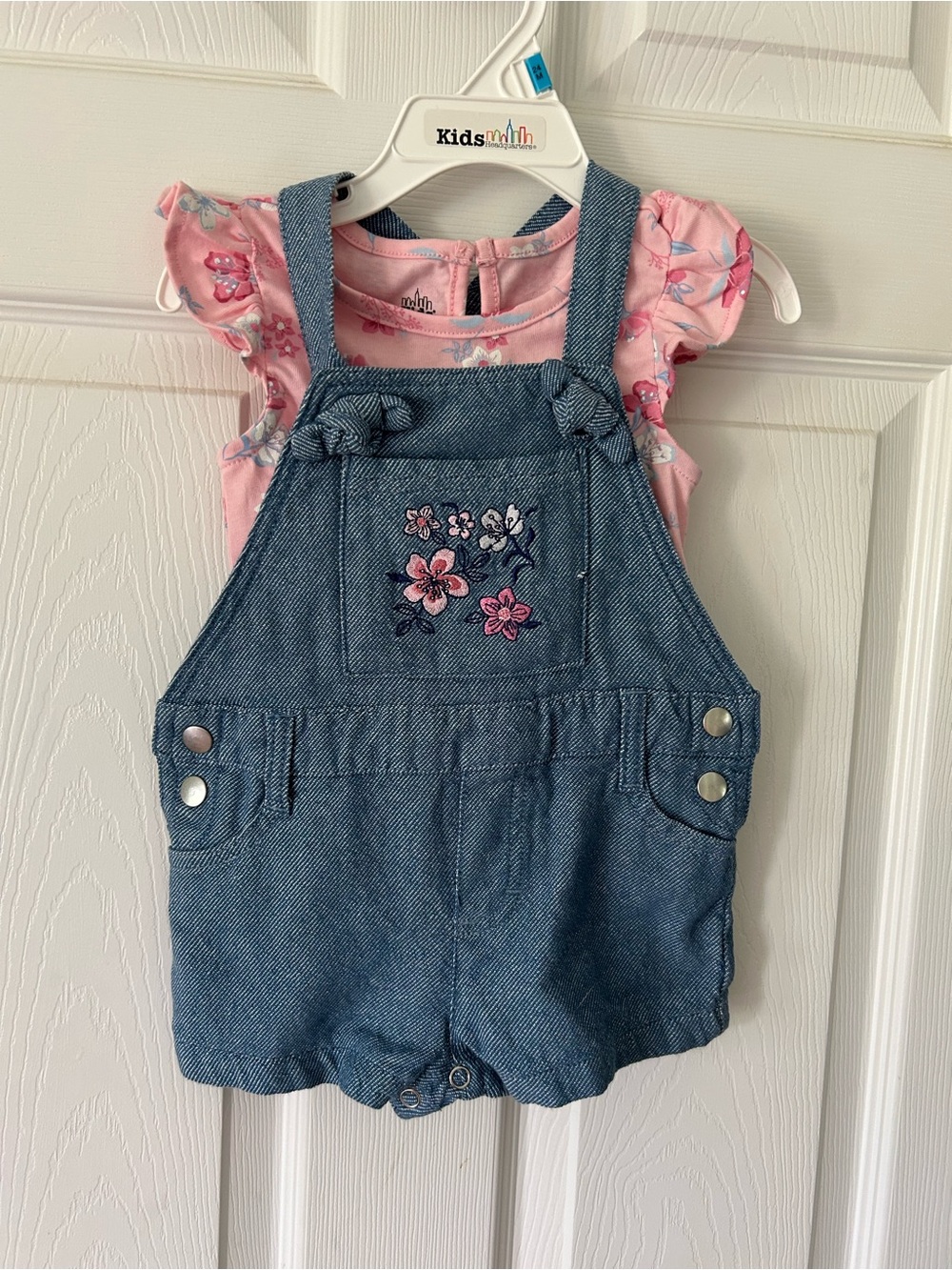 Kids Headquarters Denim Floral Embroidered Shortall with Pink Floral Top